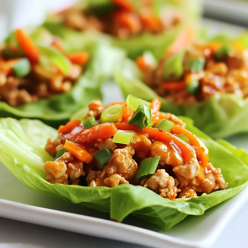 - 1 lb ground chicken - 1 red bell pepper, finely diced - 1 medium carrot, finely grated - 3 green onions, sliced (reserve the green tops for garnish) - 1/4 cup sweet chili sauce - 2 tablespoons low-sodium soy sauce - 1 tablespoon freshly grated ginger - 1 tablespoon freshly squeezed lime juice - 1 tablespoon sesame oil - Salt and freshly ground pepper to taste - Chopped cilantro - Green onion tops Sweet Chili Chicken Lettuce Cups are all about fresh ingredients. Ground chicken gives a juicy base. Fresh veggies add color and crunch. Use red bell pepper for sweetness. Grated carrot adds texture. Green onions bring a mild onion flavor. For sauces, sweet chili sauce is key. It adds a nice balance of sweet and heat. Low-sodium soy sauce brings saltiness without being too strong. Fresh ginger adds a spicy kick. Lime juice brightens the dish with zest. Sesame oil gives a nutty aroma. Garnishing is fun! Cilantro gives a fresh taste. Green onion tops add a nice pop of color. These ingredients come together for a vibrant and tasty meal. You can adjust these flavors to fit your taste. Enjoy making this dish your own! {{ingredient_image_2}} Cooking the ground chicken First, heat one tablespoon of olive oil in a large skillet. Set the heat to medium. Wait until the oil shimmers. Next, add one pound of ground chicken. Cook for about 5 to 7 minutes. Stir often to break up the meat. Ensure the chicken is evenly browned and fully cooked. Sautéing the vegetables Once the chicken is ready, add the diced red bell pepper, grated carrot, and the white parts of three sliced green onions. Sauté this for 3 to 4 minutes. The vegetables should soften but still have some crunch. Mixing sauces and seasonings Pour in 1/4 cup of sweet chili sauce, 2 tablespoons of low-sodium soy sauce, one tablespoon of freshly grated ginger, one tablespoon of lime juice, and one tablespoon of sesame oil. Mix everything well. Make sure the chicken and veggies are coated. Cook for another 2 to 3 minutes. This lets the flavors combine. Adjusting flavors Taste the mixture and add salt and freshly ground pepper as needed. Adjust these to your liking. If you want more heat, add a bit more chili sauce. Filling the lettuce leaves Remove the skillet from heat. Let the chicken mixture cool slightly. This helps keep the lettuce crisp. Take a sturdy lettuce leaf and spoon a generous amount of the chicken mixture into the center. Garnishing with toppings Top each cup with the reserved green onion slices and some chopped cilantro if you like. This adds a fresh taste and bright color. Serve the cups on a platter for a fun meal! - Best practices for cooking ground chicken: Start with a hot skillet. This helps the chicken brown well. Stir the chicken frequently. This keeps it from clumping and helps it cook evenly. Cook it until no pink remains, about 5–7 minutes. If you want extra flavor, add a pinch of salt and pepper while cooking. - Ensuring vegetables maintain crunch: Add the vegetables after the chicken is fully cooked. Sauté them for just a few minutes. This helps keep their crunch. You want the bell pepper and carrot to soften slightly but still have some bite. - Plating for guests: Use a large platter to serve the lettuce cups. Let guests fill their own. This makes the meal interactive and fun. You can arrange the cups in a circle for a nice look. - Suggestions for side dishes: Pair these cups with a light salad or steamed rice. A simple cucumber salad adds freshness. You can also serve some fruit on the side for a sweet touch. - Alternatives for ground chicken: If you want to switch things up, try ground turkey or even tofu. Both options work well and taste great. They will absorb the flavors from the sauce nicely. - Other vegetable options: You can use other veggies if you like. Try diced zucchini or shredded cabbage. They add different textures and flavors to your dish. Always keep some crunch in mind for the best results! Pro Tips Use Fresh Ingredients: Always opt for fresh vegetables and herbs to enhance the flavor and nutrition of your lettuce cups. Adjust Spice Levels: Modify the amount of sweet chili sauce to suit your taste; add more for extra sweetness or a dash of hot sauce for heat. Chill the Filling: Allow the chicken mixture to cool slightly before filling the lettuce leaves to keep them crisp and avoid wilting. Make It a Meal: Serve the lettuce cups with a side of rice or quinoa for a more filling and balanced meal. {{image_4}} You can switch the ground chicken for turkey or tofu. Turkey has a similar taste and texture. It also cooks in the same way. Simply replace the chicken with equal amounts of ground turkey. Tofu is great if you want a plant-based meal. Use firm tofu for a nice bite. Crumble the tofu and follow the same cooking steps. You'll still get all the yummy flavors! Adjust the sweetness and spice levels to your liking. If you want more spice, add extra chili sauce or some red pepper flakes. For a sweeter taste, add a bit more sweet chili sauce. You can also mix in some honey or maple syrup for a different twist. Keep tasting as you go to find the flavor you love best! You can serve these lettuce cups as a salad or wrap alternative. If you prefer a salad, chop the lettuce and mix it in a bowl with the chicken mixture. For a wrap, use larger lettuce leaves like romaine. Fill them with the chicken and roll them up! This way, you can enjoy the same great taste in different styles. Store any leftover sweet chili chicken in an airtight container. This keeps it fresh and safe. You can refrigerate it for up to three days. Make sure to let it cool down before sealing. You want to prevent excess moisture from forming. This moisture can make the chicken soggy. To enjoy later, keep the chicken separate from the lettuce. This way, the lettuce stays crisp. To freeze the chicken mixture, first cool it completely. Once cooled, place it in a freezer-safe bag. Remove as much air as possible to prevent freezer burn. Label the bag with the date and contents for easy reference. You can freeze it for up to three months. When ready to use, thaw it in the fridge overnight. This helps maintain the best texture and flavor. For the best results, reheat the chicken mixture on the stovetop. Use a medium heat, stirring often. This keeps the texture nice and prevents it from drying out. You can also use a microwave if you're short on time. Place the chicken in a microwave-safe bowl. Cover it with a damp paper towel to keep moisture in. Heat in short bursts, stirring in between, until heated through. You can enjoy these lettuce cups with many dishes. Here are some ideas: - Steamed jasmine rice for a filling side. - Fresh cucumber slices for a crunchy contrast. - A light Asian slaw adds extra flavor and texture. - Mini spring rolls bring a fun twist to the meal. - A bowl of miso soup complements the cups nicely. These sides enhance the taste and make for a balanced meal. Yes, you can prepare this dish ahead of time. Here are some tips: - Cook the chicken mixture and let it cool. - Store it in the fridge for up to three days. - Keep the lettuce leaves separate until serving. - This way, the lettuce stays crisp and fresh. You can quickly assemble the cups when it’s time to eat. For the best results, choose sturdy lettuce. Here are some good options: - Butter lettuce has a nice cup shape and soft texture. - Iceberg lettuce is crunchy and holds fillings well. - Romaine lettuce offers a strong leaf for filling. Each type of lettuce brings its unique texture to the dish. In summary, this blog post covers the essential ingredients and step-by-step instructions for making Sweet Chili Chicken Lettuce Cups. You learned about key ingredients, cooking tips, and variations to customize your dish. Remember, you can adjust flavors and use different proteins as desired. Enjoy serving these cups fresh or as leftovers. With these easy steps, you can create a tasty meal that impresses. Happy cooking!
