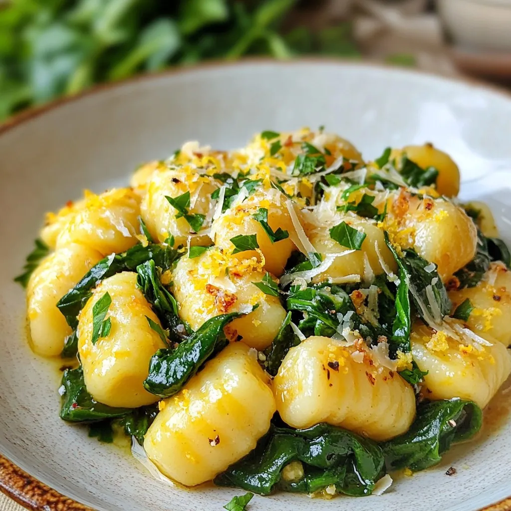 - 1 package (16 oz) potato gnocchi - 4 tablespoons unsalted butter - 4 cloves garlic, minced - 4 cups fresh spinach, thoroughly washed - 1/2 teaspoon red pepper flakes (optional for heat) - Salt and freshly ground black pepper to taste - 1/4 cup freshly grated Parmesan cheese - Zest of 1 lemon for a vibrant flavor - Fresh parsley, finely chopped for garnish To make this dish, you need just a few simple items. The potato gnocchi serves as the base. The butter gives it a rich taste. Minced garlic adds a strong flavor that pairs well with spinach. Fresh spinach not only looks nice but also adds nutrients. Red pepper flakes can spice things up, but they are optional. Salt and black pepper enhance all the flavors. Freshly grated Parmesan cheese adds creaminess, while lemon zest gives a fresh kick. Lastly, parsley makes it look pretty! You can change up this recipe to fit your tastes. Here are some ideas: - Protein: Add grilled chicken, shrimp, or tofu for extra protein. - Vegetables: Toss in cherry tomatoes or mushrooms for more flavor. - Herbs: Try fresh basil or thyme for a different aroma. - Cheese: Use feta or goat cheese for a tangy twist. These options let you make this dish truly yours! {{ingredient_image_2}} Start by boiling salted water in a large pot. When the water is bubbling, add the gnocchi. Cook them for 2-3 minutes or until they float. This means they are ready! Drain the gnocchi and set them aside for later. Next, take a big skillet and melt the unsalted butter over medium heat. Once it melts, toss in the minced garlic. Stir it for 1-2 minutes. You want the garlic to smell great and turn light golden. Be careful not to burn it. Now, add the drained gnocchi to the skillet. Stir them gently to coat them in the garlic butter. Cook for another 2-3 minutes. You want them to get a nice golden color. Then, add the fresh spinach. If you like heat, sprinkle in the red pepper flakes. Cook until the spinach wilts, about 2 minutes. Season the dish with salt and black pepper. Turn off the heat and stir in the Parmesan cheese and lemon zest. This gives a fresh kick. Serve the gnocchi hot, topped with parsley for color. Enjoy your meal! To cook gnocchi just right, you need boiling water. Add salt to the boiling water. This helps flavor the gnocchi. Watch for them to rise to the top. This means they are done. It usually takes about 2-3 minutes. Be sure to drain them well. If they sit too long, they can become sticky. You can boost the flavor of your gnocchi in many ways. Adding lemon zest brightens the dish. Fresh herbs like basil or thyme add depth. A sprinkle of red pepper flakes gives heat. You can also swap Parmesan for Pecorino for a sharper taste. Experiment with these ideas to find your favorite. Do not overcook your gnocchi. Overcooked gnocchi can be mushy. Make sure to drain them well to avoid water mixing in. Also, be careful not to burn the garlic. If garlic turns brown too fast, it will taste bitter. Always use fresh spinach and wash it well to remove dirt. Pro Tips Use Fresh Ingredients: The flavor of this dish greatly benefits from fresh garlic and spinach, so opt for fresh produce whenever possible for the best taste. Don’t Overcook the Gnocchi: Cook the gnocchi just until they float to the surface; overcooking can result in a mushy texture. Customize Your Greens: Feel free to substitute or add other greens like kale or arugula for a different flavor profile and added nutrition. Make It Creamy: For a richer dish, you can stir in a splash of heavy cream after adding the spinach, creating a deliciously creamy sauce. {{image_4}} If you want to make this dish vegan, swap the butter for olive oil or vegan butter. Use nutritional yeast instead of Parmesan for a cheesy flavor. If you need gluten-free options, look for gluten-free gnocchi. This choice keeps the meal tasty while meeting dietary needs. You can add other greens to the dish. Kale or arugula works great. For a twist, try sun-dried tomatoes or roasted red peppers. They add color and extra flavor. You could also use different herbs, like basil or thyme, for a fresh taste. Try adding lemon juice for a zesty kick. Serve the gnocchi in shallow bowls for a nice look. Add extra Parmesan and a lemon wedge for squeezing. This way, each bite is fresh and creamy. You can pair it with a simple green salad or garlic bread for a full meal. Enjoy with a glass of white wine for a special treat. To store leftover gnocchi, first let it cool down. Place it in a clean, airtight container. You can keep it in the fridge for up to three days. Make sure to cover it well to keep it fresh. To reheat gnocchi, you have a few options. You can use a skillet on medium heat. Add a little butter or oil to the pan. Add the gnocchi and stir gently for about five minutes. This will help regain its nice texture. Alternatively, you can microwave it. Place it in a bowl and add a splash of water. Cover it with a lid and heat for one to two minutes. Stir halfway through. You can also freeze gnocchi if you have extra. First, let it cool completely. Lay it out in a single layer on a baking sheet. Freeze it for about an hour. Once frozen, transfer the gnocchi to a freezer bag. Make sure to remove as much air as possible. This way, it will last for up to three months. When ready to use, cook it straight from the freezer. Just add a few extra minutes to the cooking time. Cooking gnocchi is quick and easy. It usually takes about 2-3 minutes. Wait until they float to the top of the boiling water. This shows they are ready. After that, drain them right away. Yes, you can use frozen gnocchi. There is no need to thaw them first. Just add them directly to boiling water. They may need a minute or two longer to cook. Keep an eye on them for best results. You can pair Garlic Butter Gnocchi with many tasty sides. Here are a few ideas: - Grilled chicken or shrimp for added protein. - Roasted vegetables like zucchini or bell peppers. - A simple salad with mixed greens and lemon vinaigrette. - Crusty bread to soak up the garlic butter. Each option adds a new layer of flavor to your meal. Enjoy experimenting! The blog post covered the key steps to make delicious Garlic Butter Gnocchi. We explored the main ingredients and their measurements, along with optional add-ins to personalize the dish. I shared tips for cooking the gnocchi perfectly and avoiding common mistakes. We also discussed variations for dietary needs and storage methods to keep leftovers fresh. Try making this dish your own. Enjoy the rich flavors and the fun of cooking!